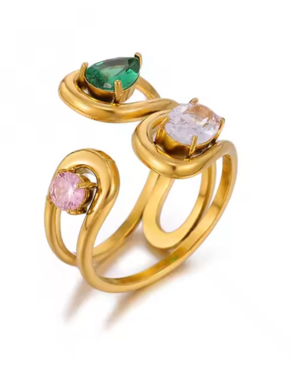 Golden Trio Gemstone Statement Ring – Elegant & Timeless